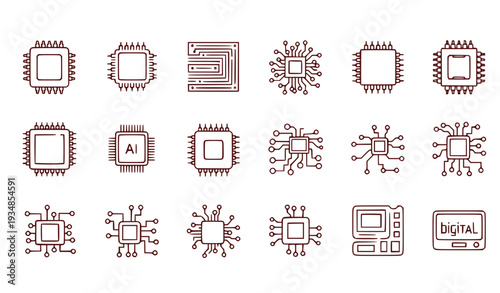 A collection of modern computer chip and digital device vector icons in a flat design style