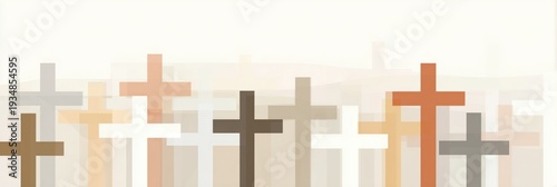 Easter banner background with a group of christian crosses. Religious illustration representing faith, salvation, and community. Modern graphic design with copy space