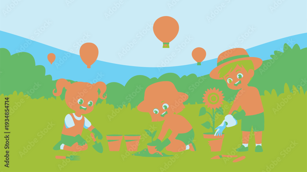 Naklejka premium Children Gardening Outdoor Hot Balloons