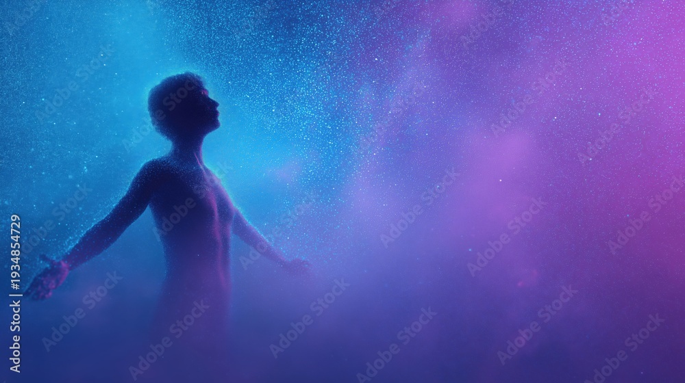 Fototapeta premium Silhouette of a man with arms outstretched looking up at a starry sky. Ethereal cosmic background with glowing blue and purple particles. Spiritual awakening and connection to the universe concept