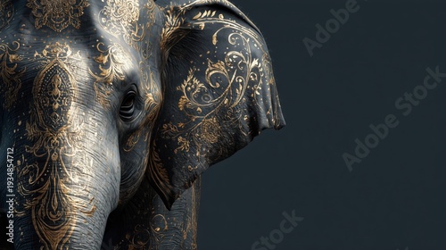 Close-up of an elephant's head with ornate gold patterns. Luxurious dark grey texture and intricate design. Copy space for text
