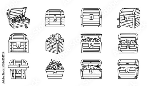A set of black and white line art illustrations of treasure chests in various states of opening and filling with jewels and coins.