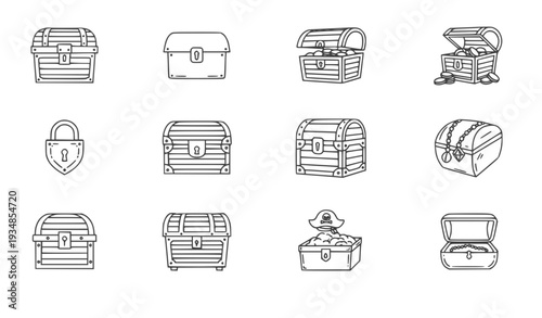 A set of black and white line art illustrations of treasure chests and locks in various designs