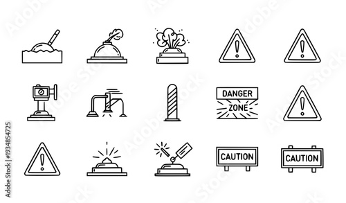 A set of construction warning signs and icons in a flat minimal design style