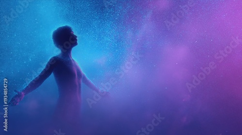 Silhouette of a man with arms outstretched looking up at a starry sky. Ethereal cosmic background with glowing blue and purple particles. Spiritual awakening and connection to the universe concept