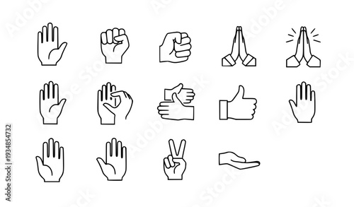 A set of various hand gestures illustrated in a minimalist line art style