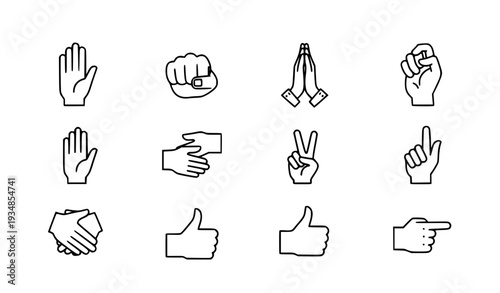 A set of hand gesture icons in a minimalist line art style on a white background