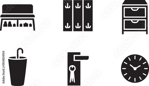 Hallway and entryway furniture and accessory icons in black silhouette.
