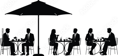 Black silhouette illustration of business people sitting at cafe tables under an umbrella having coffee and professional meetings outdoors