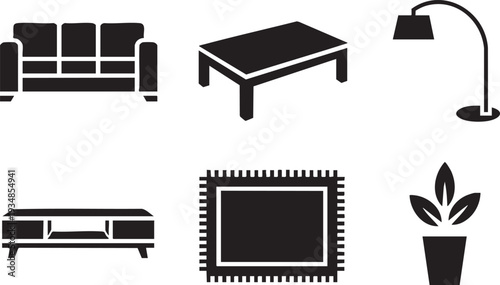 Living room furniture and decor icons in black silhouette on checkered background.