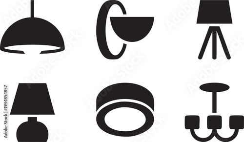 Various interior lighting fixtures icons in black silhouette on checkered background.