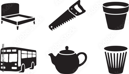 Household and transport objects: bed saw pot bus teapot and trash bin vector icons