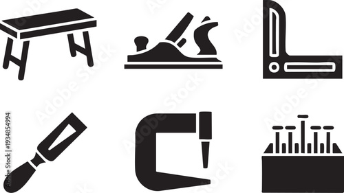 Set of workshop tools including workbench plane chisel clamp and measuring tool vector icons