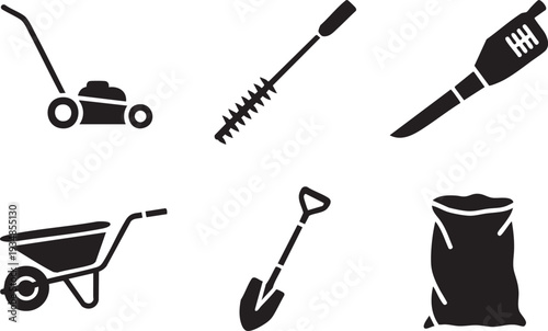 Gardening equipment silhouettes, mower, pressure washer, leaf blower, wheelbarrow, shovel, and bag