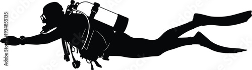 Black Silhouette of a Scuba Diver Swimming Underwater with Full Gear Oxygen Tank and Fins Isolated on White Background for Adventure