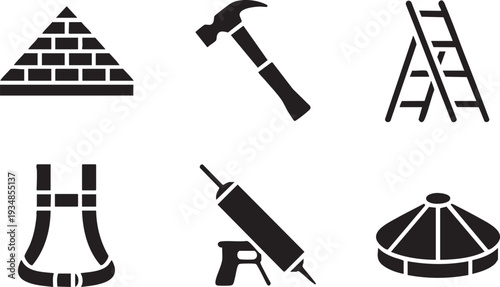 Construction and building tools icons, pyramid, hammer, ladder, harness, caulking gun and tent