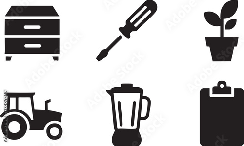 Miscellaneous items including dresser screwdriver potted plant tractor blender clipboard