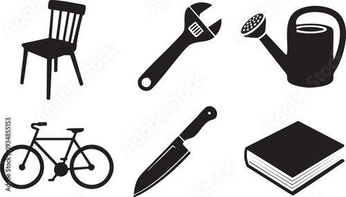Assortment of everyday objects and tools including chair bicycle wrench knife book