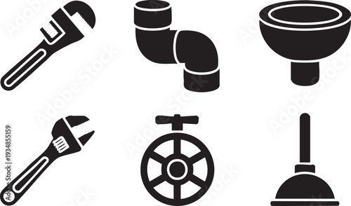 Plumbing repair tools and pipe fitting icons featuring wrenches sewer pipes valve plunger and basin silhouette