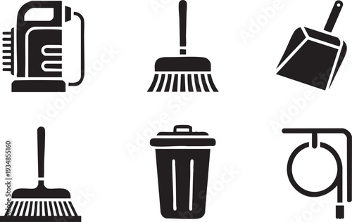 Collection of cleaning equipment and home objects silhouetted on a checkered background