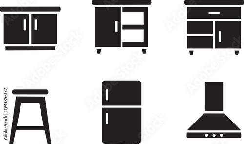 Kitchen furniture and home appliances icons including cabinets stool refrigerator cooker hood and drawers set
