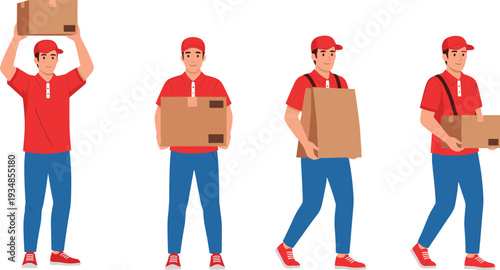 Delivery man carrying cardboard boxes in different poses, courier logistics service illustration isolated on white background design