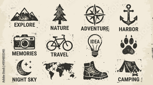 Set of travel and adventure icons for exploration and outdoor activities