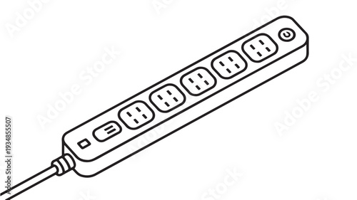 Power Strip with Multiple Outlets in Simple Line Art Style on White Background for Electrical Supply