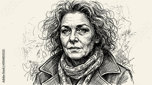 Sketch Portrait of an Older Woman with Curly Hair and a Scarf