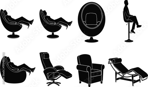 Collection of modern furniture silhouettes featuring comfortable lounge chairs, executive recliners, egg chairs, bar stools, and relaxing armchairs for interior design.