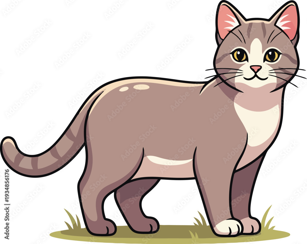 Obraz premium Gray Cat Standing on Green Grass.