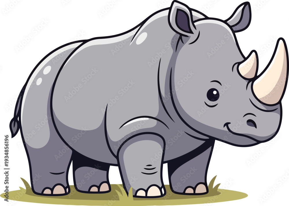 Fototapeta premium Gray Cartoon Rhino Standing on Grass.