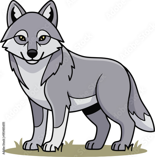 Gray Wolf Cartoon Character Standing Alert.