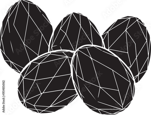 Geometric black eggs with white lines on white background