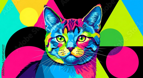 Vibrant cat portrait with colorful geometric shapes and abstract background showcasing a mesmerizing blend of blue pink and yellow hues