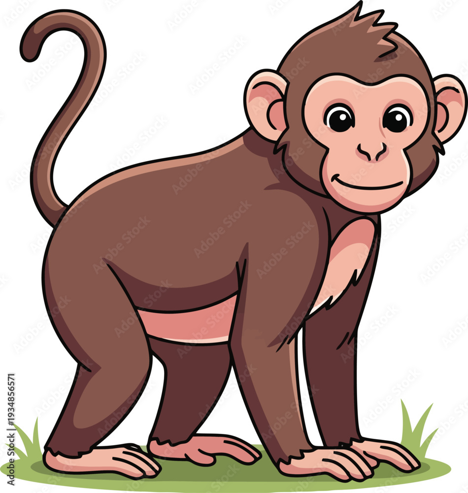 Fototapeta premium Cartoon Monkey Standing on Green Grass.