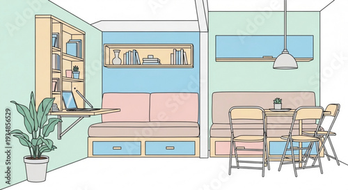 Modern minimalist living room with dining area sofa bed and built in shelving in pastel colors and soft lighting