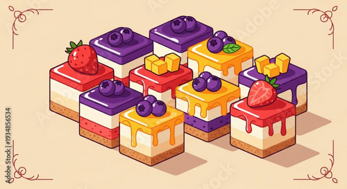 Assorted colorful desserts with fruit toppings and creamy fillings layered cakes with vibrant decorations sweet treats with berries