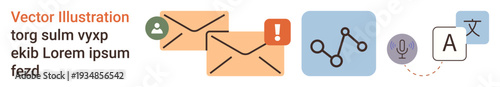 Email marketing, notifications, data analysis, voice recognition, language translation, communication efficiency. Envelopes with notification icons, analytics symbols and text tools. Email and data