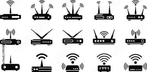 Set of black wireless router icons and modem symbols for internet connectivity network hardware wifi signal and electronic technology data transfer
