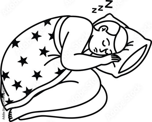 Minimalist black and white line art illustration of a person sleeping peacefully in fetal position under a star pattern blanket