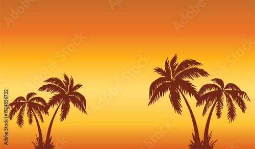 Tropical Palm Tree Silhouettes at Sunset, Vector Illustration of Exotic Summer Vacation Wide Background with Orange Gradient Sky, Paradise Beach Evening Design Element for Banners and Posters