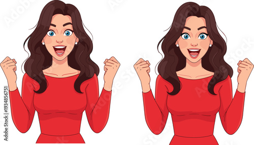 Excited happy woman celebrating success with raised fists, joyful expression portrait illustration isolated on white background design