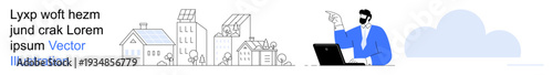 Sustainable living, urban planning, remote work, environmental design, green energy, modern technology. A man works at a laptop beside line art of buildings. Sustainable living and remote work