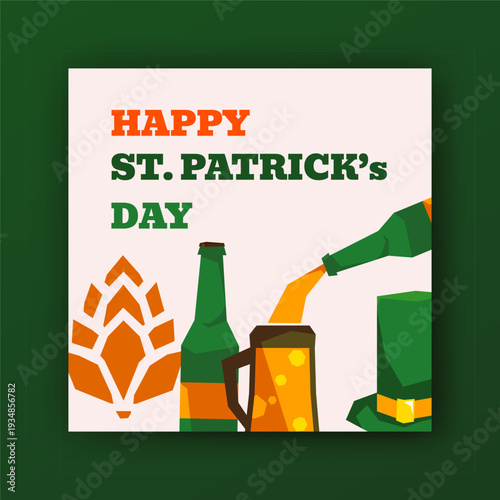 Happy St. Patrick's Day square vector banner template. Open beer bottle, top hat icon. Drink pouring into big glass mug. Pub concept. Simple graphic holiday design. Funny festive card. Flat ads flyer