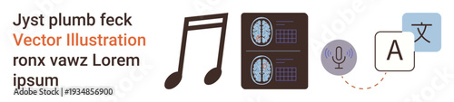Neuroscience, language learning, translation tools, sound cognition, music and the brain, communication. Musical notes, brain scans microphone and translation elements. Neuroscience and language