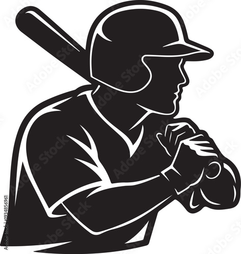 Baseball player in batting stance with helmet and bat