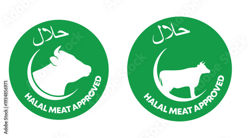 Halal Meat Approved Chicken and Cow Logo Green Islamic Food Certification Badge Vector Set