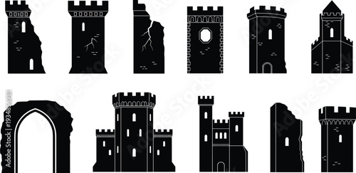 Set of Medieval Stone Tower and Castle Fortress Silhouettes Featuring Ancient Ruined Walls Architectural Gates and Historic Stronghold Icons for Fantasy Design