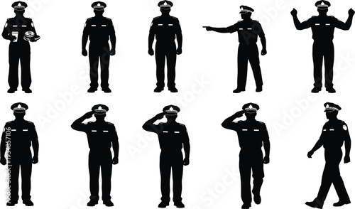 Set of professional police officer silhouettes featuring law enforcement figures saluting, walking, directing traffic, and patrolling for security and safety design.